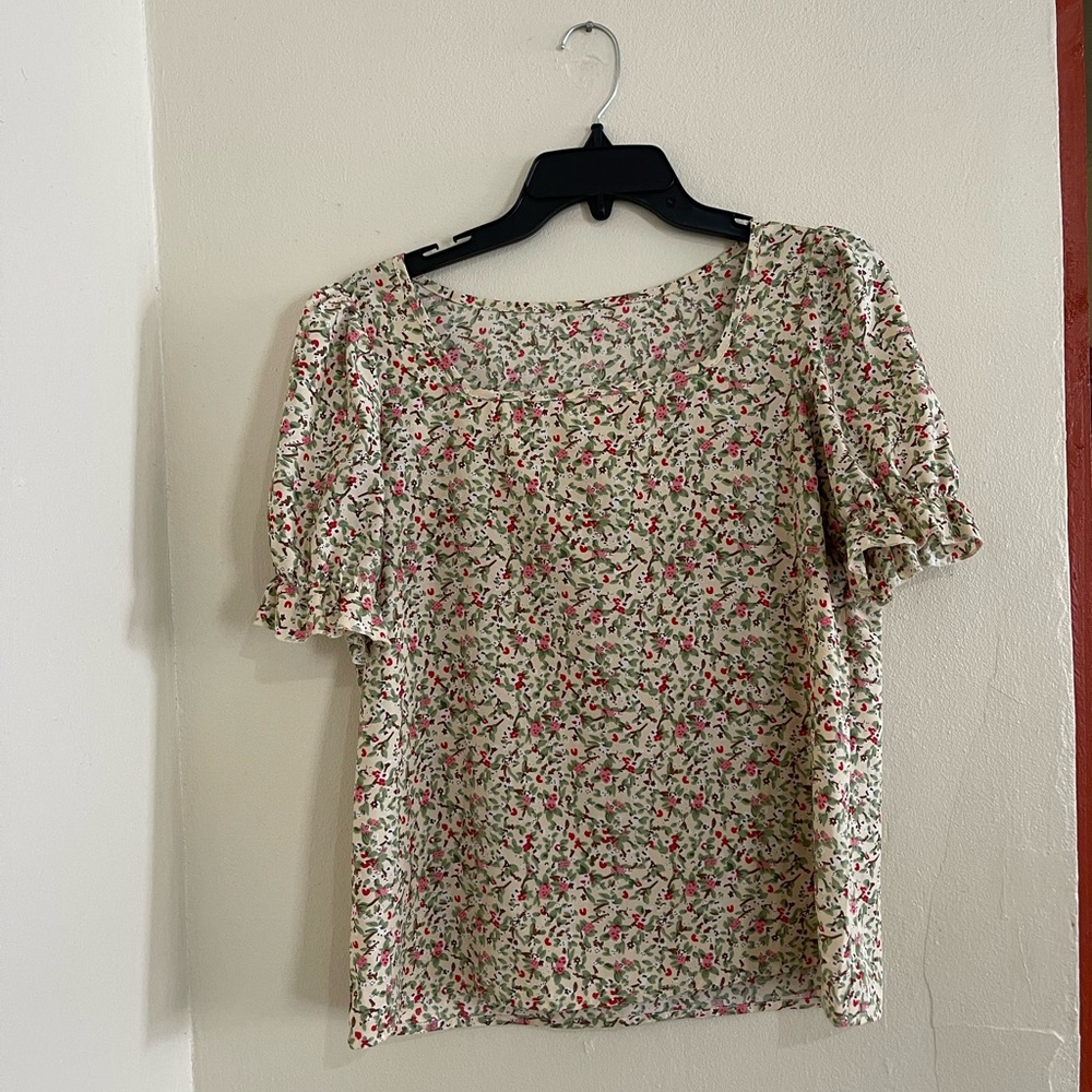 SHEIN Cream and Brown Puff Sleeve Blouse